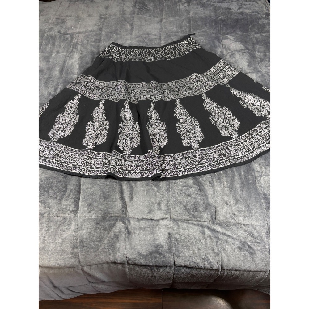 Anokhi Womens Black White Block Print Paisley Cotton Midi A-Line Skirt Size 16